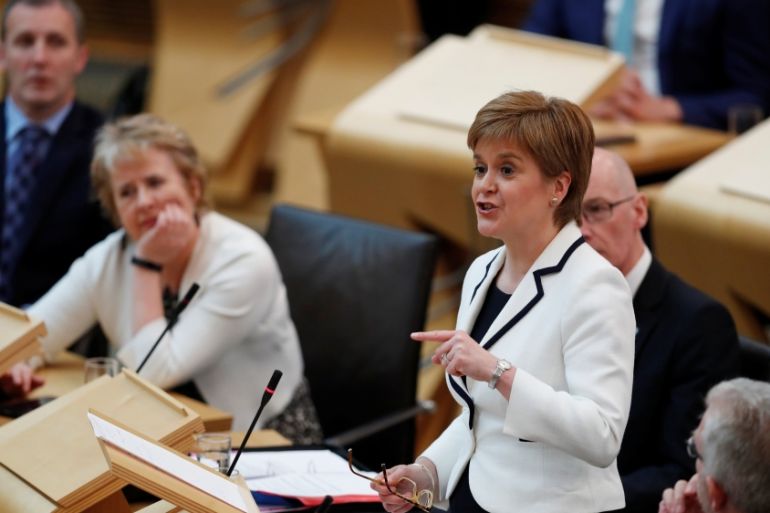 Scotland''s First Minister Nicola Sturgeon responds to questions in the Scottish Parliament during continued Brexit uncertainty in Edinburgh, Scotland, Britain, April 24, 2019