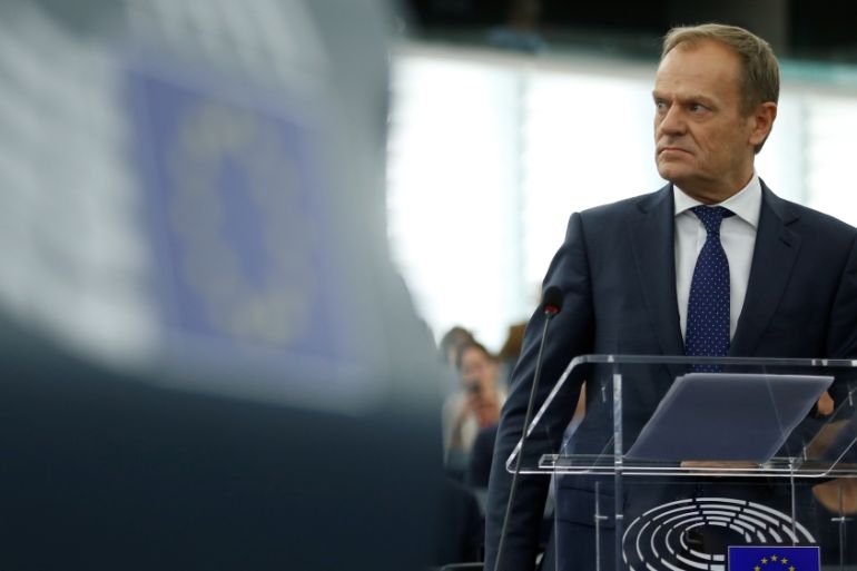 European Council President Tusk delivers a speech during a debate on the outcome of the latest European Summit on Brexit, at the European Parliament in Strasbourg