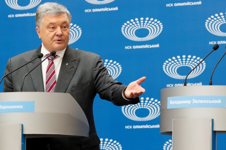 Ukraine''s President and candidate in the presidential election next week, Poroshenko, speaks at a failed attempt to hold a debate at the Olimpiyskiy Stadium in Kiev