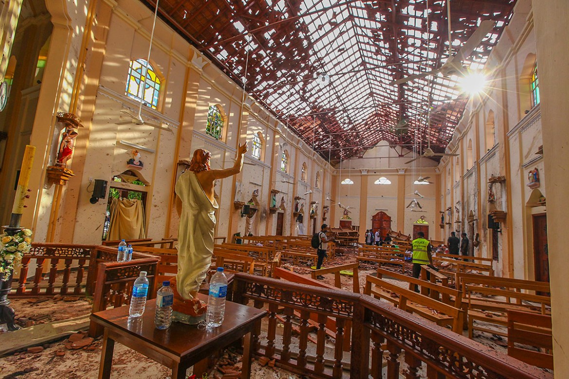 A view of St. Sebastian''s Church damaged in blast in Negombo, north of Colombo, Sri Lanka, Sunday, April 21, 2019. More than hundred were killed and hundreds more hospitalized with injuries from eight
