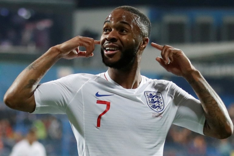 March 25, 2019, England''s Raheem Sterling celebrates scoring their fifth goal