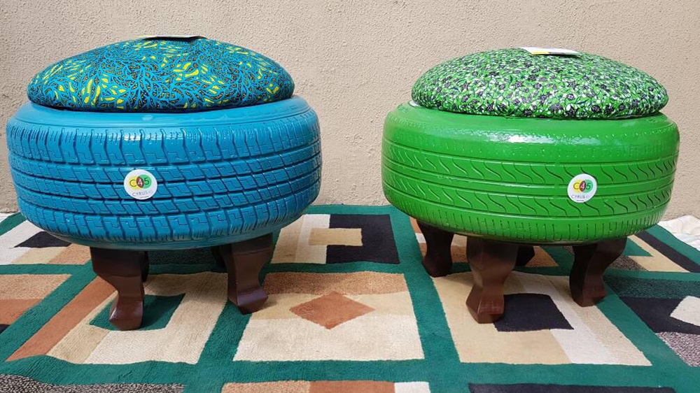 Two Cyrus45 ottomans made with recycled car tyres from Lagos' sprawling waste [Courtesy of Cyrus45]