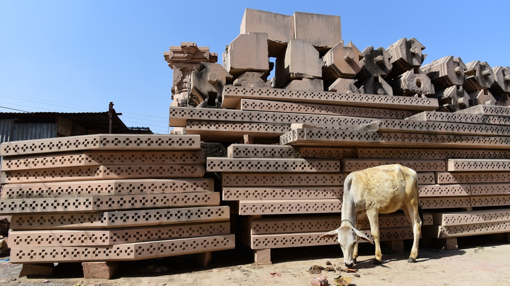 Red sandstone pillars at Karsevak Puram for the proposed Ram temple [Amar Deep Sharma/Al Jazeera]