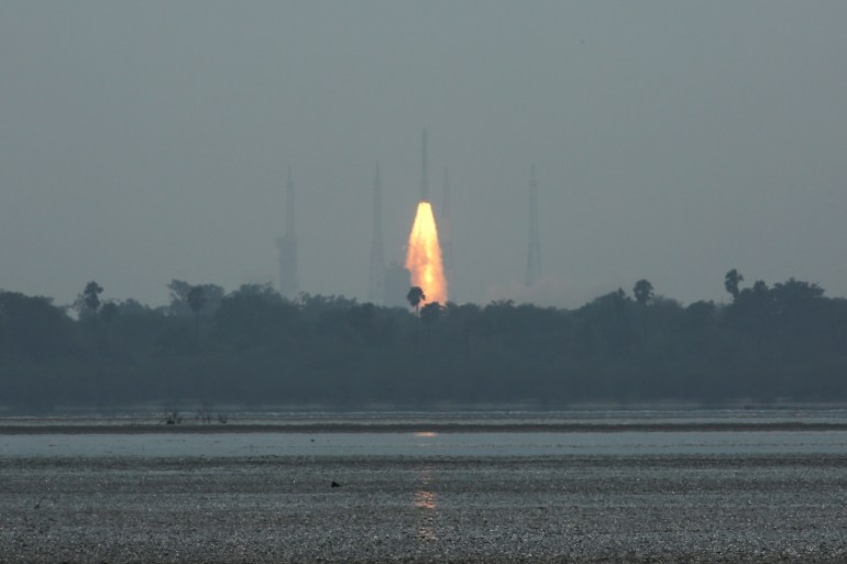 India''s Polar Satellite Launch Vehicle (PSLV) C45, carrying Electromagnetic Spectrum Measurement satellite ''EMISAT'' and 28 other satellites, lifts off from the Satish Dhawan Space Centre
