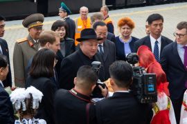 North Korean leader Kim Jong Un (C) takes part in a welcoming ceremony at a railway station in the far eastern settlement of Khasan, Russia April 24, 2019. Press Service of Administration of Primorsky