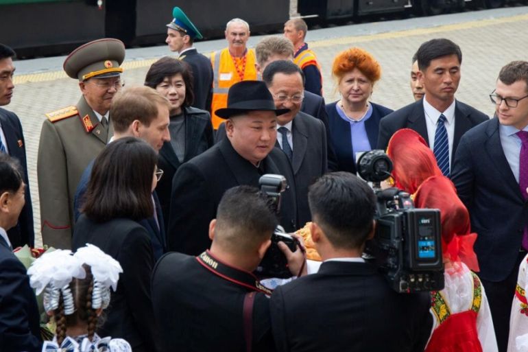 North Korean leader Kim Jong Un (C) takes part in a welcoming ceremony at a railway station in the far eastern settlement of Khasan, Russia April 24, 2019. Press Service of Administration of Primorsky