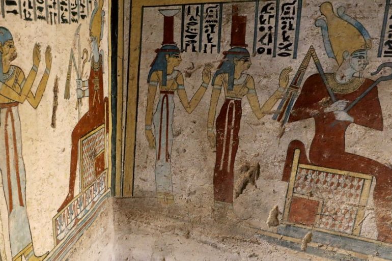 Preserved wall paintings inside the newly discovered burial site, Tomb of Tutu, at al-Dayabat, Sohag