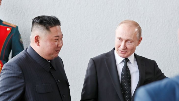 Russia''s President Vladimir Putin walks with North Korea leader Kim Jong Un at the Far Eastern Federal University campus at Russky Island in the far eastern city of Vladivostok, Russia April 25, 2019.