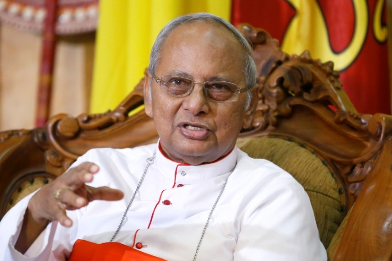 Cardinal Malcolm Ranjith, the archbishop of Colombo, attends a news conference in Colombo
