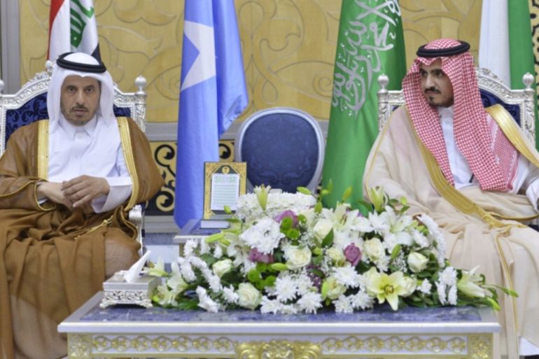 Qatar''s Prime Minister and Interior Minister Sheikh Abdullah bin Nasser bin Khalifa Al Thani is received by Saudi Prince Badr bin Sultan bin Abdulaziz in Jeddah