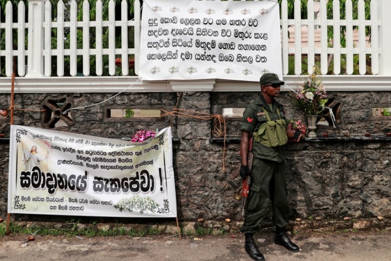 A soldier stands guard outside St. Sebastian Church, days after a string of suicide bomb attacks across the island on Easter Sunday, in Negombo, Sri Lanka, May 1, 2019. REUTERS/Danish Siddiqui