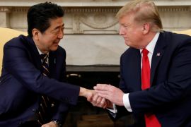 U.S. President Donald Trump meets with Japan''s Prime Minister Shinzo Abe in the Oval Office at the White House in Washington, U.S., April 26, 2019. REUTERS/Kevin Lamarque TPX IMAGES OF THE DAY