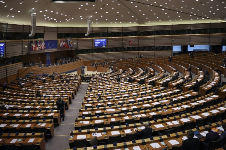 European Parliament members attend a plenary session at the European Parliament in Brussels. The European Parliament on Monday, Feb. 18, 2019 has projected which parties will get seats after the Europ