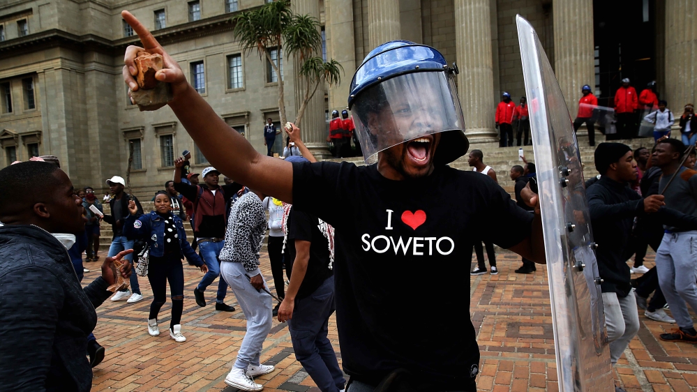 Student leader Mcebo Dlamini protests at Wits University [Alon Skuy/Al Jazeera]
