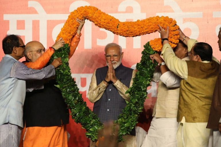 Prime Minister Naredndra Modi along with BJP president Amit Shah during victory celebrations at the BJP headquarters in New Delhi India, on Thursday, 23MAY, 2019. Photographer: T. Narayan/Bloomberg