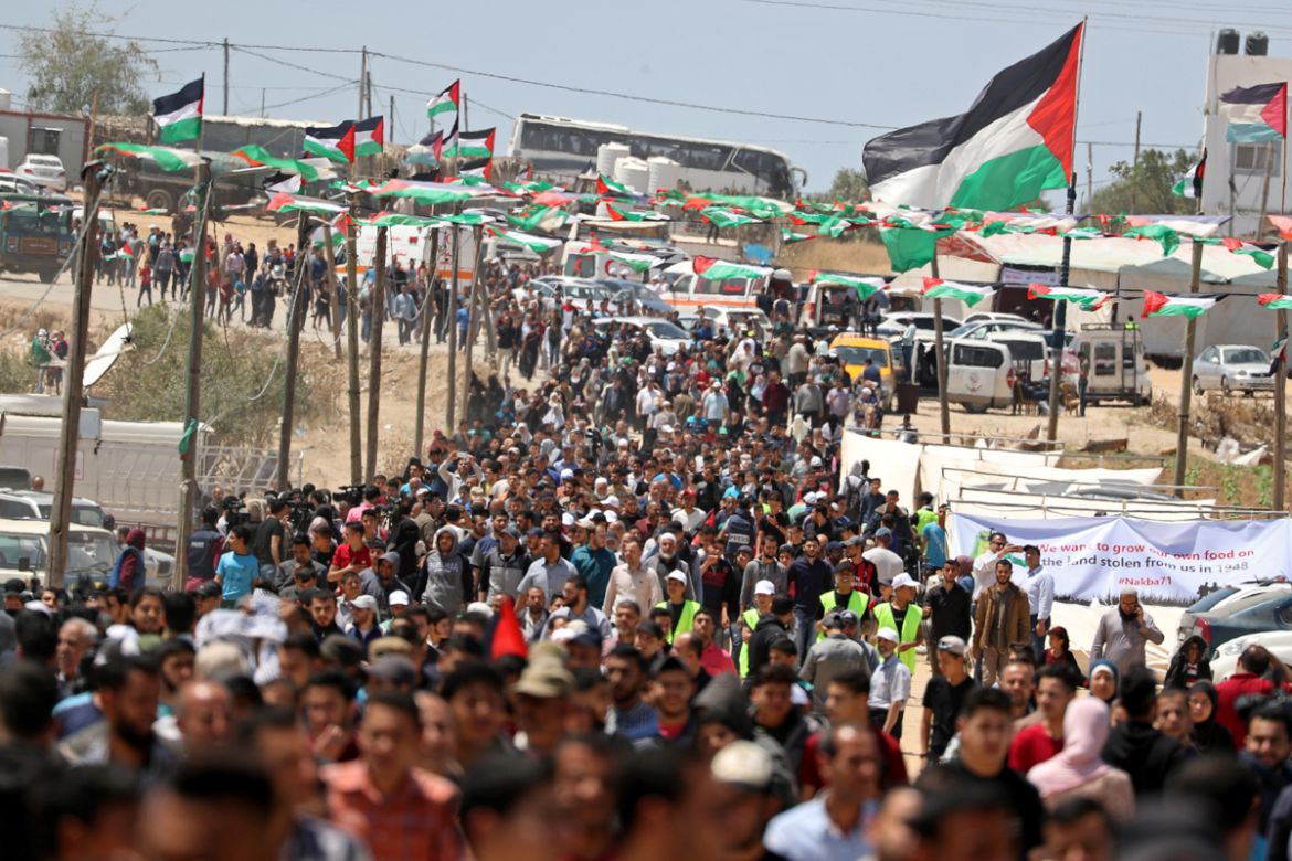 Palestinians gather during a protest marking the 71st anniversary of the ''Nakba'', or catastrophe, when hundreds of thousands fled or were forced from their homes in the war surrounding Israel''s indepe