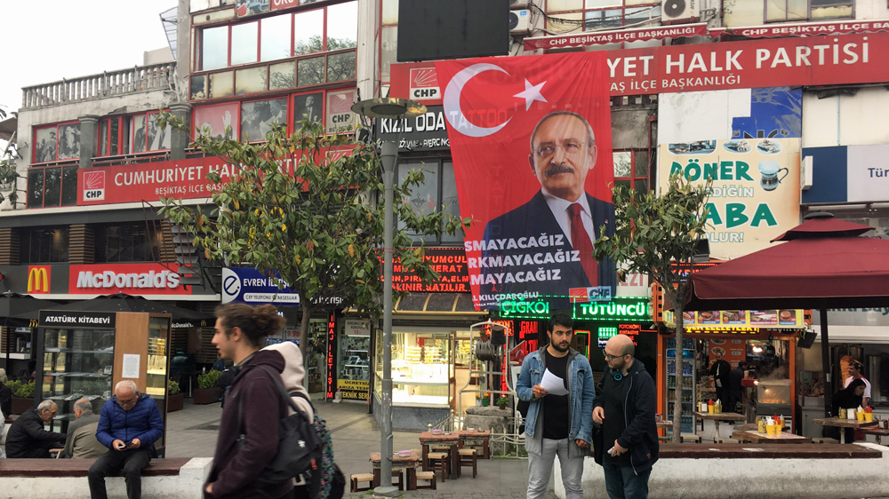 A banner in Istanbul's Besiktas neighbourhood depicting opposition CHP leader Kemal Kilicdaroglu [Jeffrey Bishku-Aykul/Al Jazeera] 