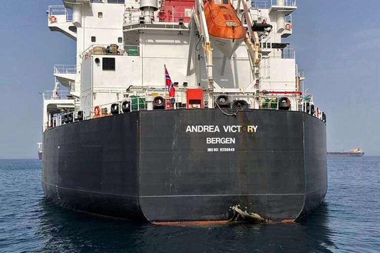 A picture taken on May 13, 2019 off the coast of the Gulf emirate of Fujairah shows Norwegian oil tanker Andrea Victory, one of the four tankers damaged in alleged "sabotage attacks" in the Gulf the p