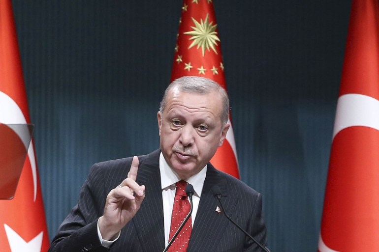 Turkey''s President Recep Tayyip Erdogan speaks during a ceremony at presidential palace, in Ankara, Turkey, Monday, May 6, 2019. Turkey''s highest electoral body has ruled for a rerun of the mayoral