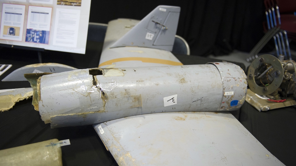 The remains of an Iranian Qasef-1 drone, used as a one-way attack UAV to dive on targets [Cliff Owen/AP]