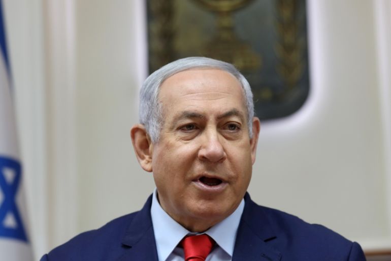 Israeli Prime Minister Benjamin Netanyahu speaks at the start of the weekly cabinet meeting at his Jerusalem office