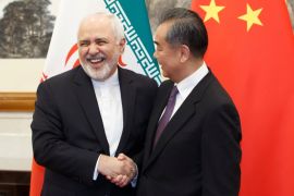 Chinese Foreign Minister Wang Yi meets Iranian Foreign Minister Mohammad Javad Zarif at Diaoyutai State Guesthouse in Beijing