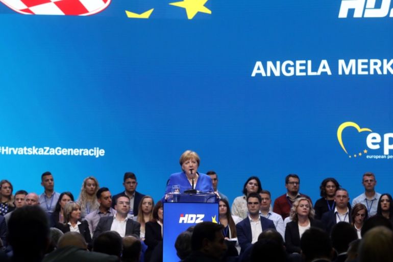 German Chancellor Angela Merkel delivers a speech during the European People''s Party (EPP) and the Croatian Democratic Union (HDZ) campaign rally for the European Parliament elections in Zagreb