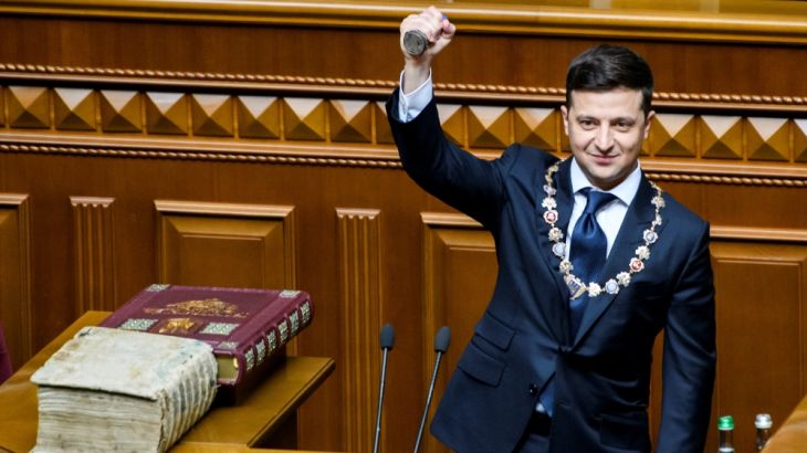 Ukraine''s President-elect Zelenskiy takes the oath during his inauguration ceremony in the parliament hall in Kiev