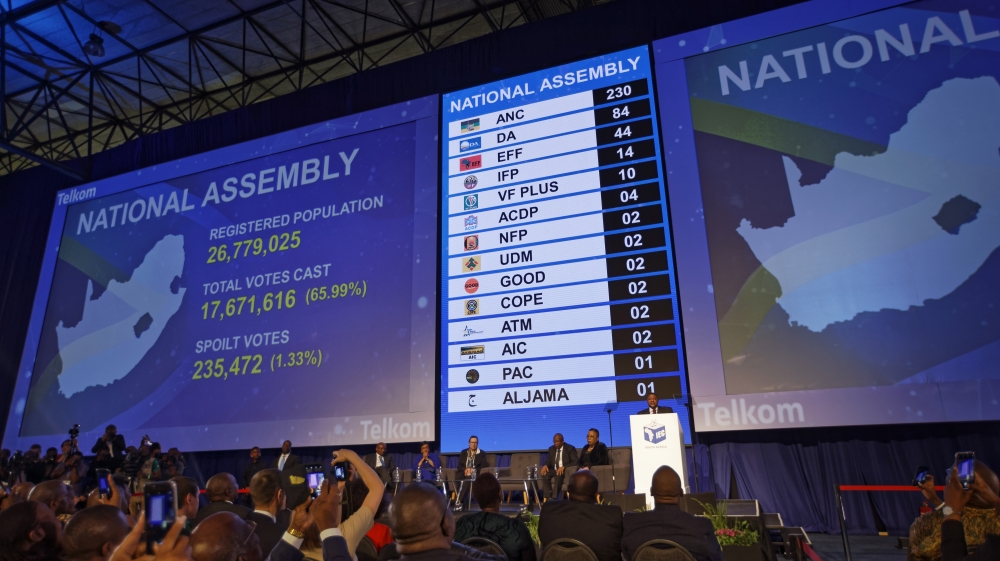 The final results, in number of seats in parliament for the parties who won seats, are displayed at the results ceremony at the Independent Electoral Commission Results Center in Pretoria [Ben Curtis/ AP]