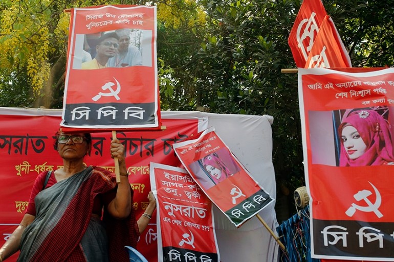 Communist Party of Bangladesh (CPB) activists hold posters demanding justice for Nusrat Jahan Rafi during their track campaign protest in Dhaka, Bangladesh, 20 April 2019. According to reports, stude