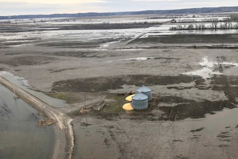 Flood damage is shown in this aerial photo in southwestern Iowa, U.S.