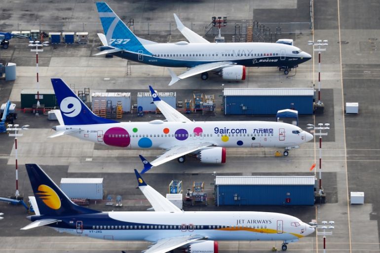 An aerial photo shows Jet Airways and 9 Air Boeing 737 MAX airplanes, as well as a 737 MAX 7, grounded at Boeing Field in Seattle