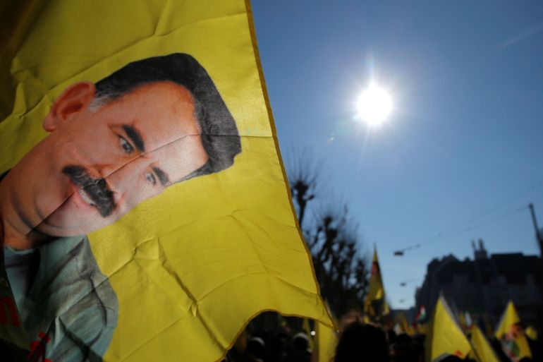 Pro-Kurd protesters take part in a demonstration in support of jailed PKK leader Ocalan in Strasbourg