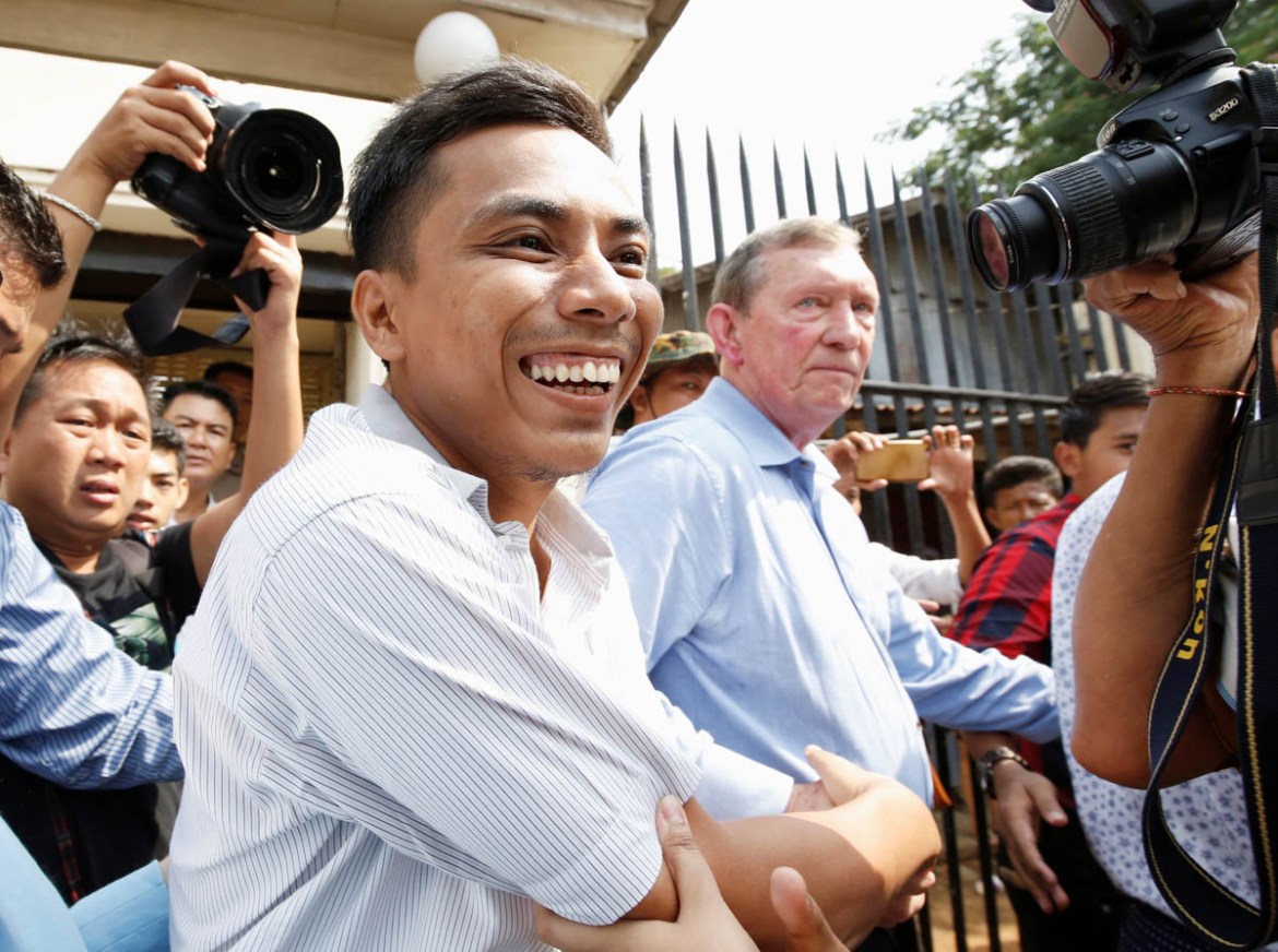 Reuters reporter Kyaw Soe Oo reacts after being freed from Insein prison after receiving a presidential pardon in Yangon, Myanmar, May 7, 2019. REUTERS/Ann Wang