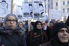 Protest against women headscarves ban in Austria VIENNA, AUSTRIA FEBRUARY 04 : Muslims and Austrian citizens attend a protest against the women headscarves ban proposed by the government countrys rul