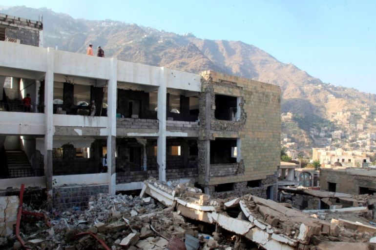 Damage is seen at a school in the southwestern city of Taiz, Yemen