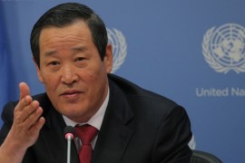 North Korea U.N. Ambassador Kim Song speaks during a news conference at U.N. headquarters in New York