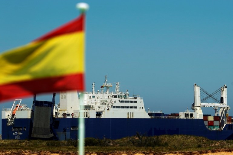 Saudi cargo ship Bahri-Yanbu passes a Spanish flag while departing the port of Santander, Spain May 13, 2019
