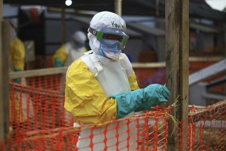 In this Tuesday April, 16, 2019 file photo, an Ebola health worker is seen at a treatment center in Beni, Eastern Congo