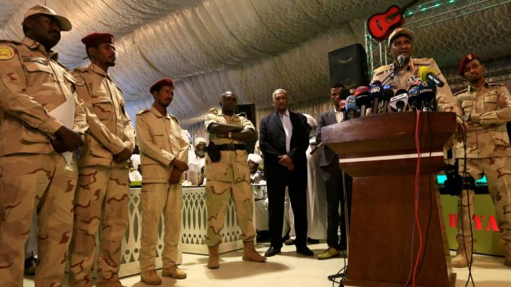 General Mohamed Hamdan Dagalo, head of the Rapid Support Forces (RSF) and deputy head of the Transitional Military Council (TMC) delivers an address after the Ramadan prayers and Iftar organized by Su
