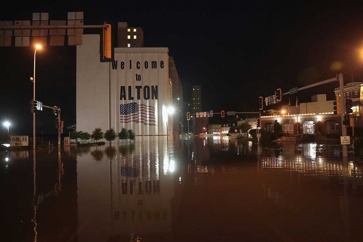 The Mississippi River rises in downtown Alton, Illinois