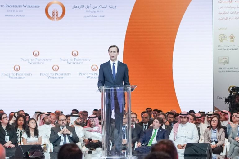A handout picture released by the Peace to Prosperity Workshop shows White House senior adviser Jared Kushner speaking during a US-sponsored Middle East economic conference in the Bahraini capital Man