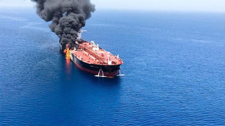 An oil tanker is on fire in the sea of Oman, Thursday, June 13, 2019. Two oil tankers near the strategic Strait of Hormuz were reportedly attacked on Thursday, an assault that left one ablaze and adri
