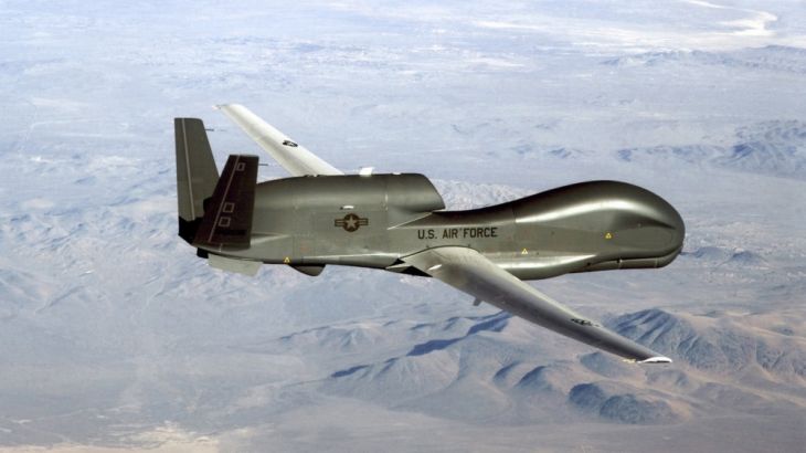 This undated US Air Force file photo released on June 20, 2019 shows a photo of a RQ-4 Global Hawk unmanned surveillance and reconnaissance aircraft. A US spy drone was some 34 kilometers (21 miles) f
