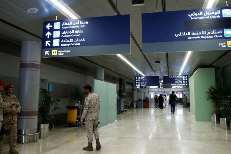FILE PHOTO: Saudi security officers are seen at Saudi Arabia''s Abha airport, after it was attacked by Yemen''s Houthi group in Abha