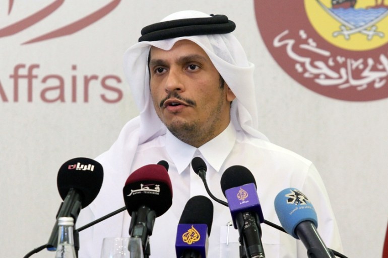 Qatari Minister of Foreign Affairs Sheikh Mohammed bin Abdulrahman Al-Thani, speaks during a news conference with French Foreign Minister Jean-Yves Le Drian in Doha, Qatar February 11, 2019.