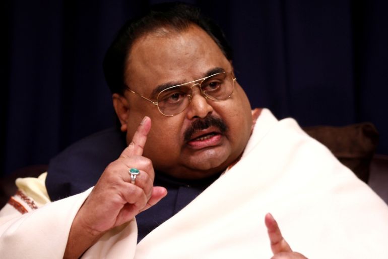 FILE PHOTO: Founder of Pakistan''s MQM party, Altaf Hussain, reacts during an interview at the party''s offices in London