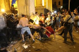 Protesters clash with riot policemen outside the parliament building during a rally against a Russian lawmaker''s visit in Tbilisi, Georgia June 21, 2019