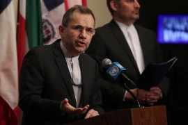 Iranian Ambassador to the United Nations Majid Takht-Ravanchi speaks to the media outside Security Council chambers at the U.N. headquarters in New York