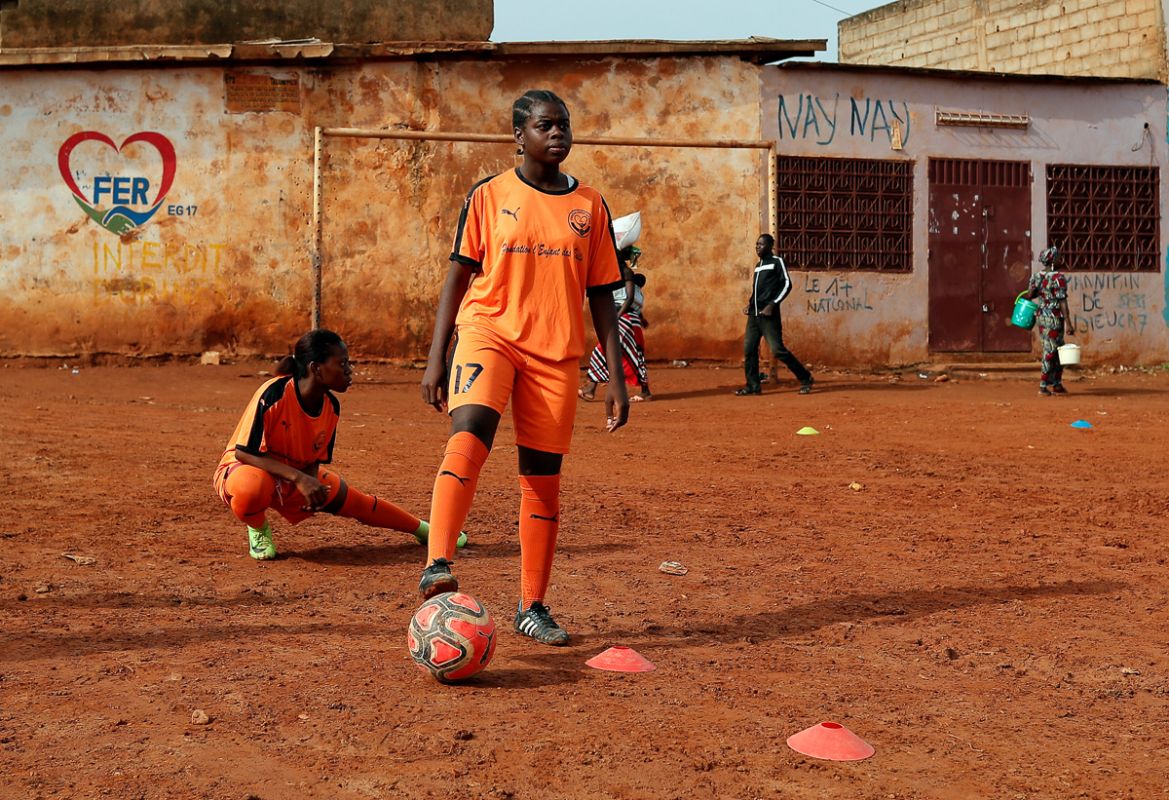 Gaelle Dule Asheri, 17, a soccer player, who is amongst the first wave of girls being trained by professional coaches at the Rails Foot Academy (RFA), attends a training session of the female U17 team